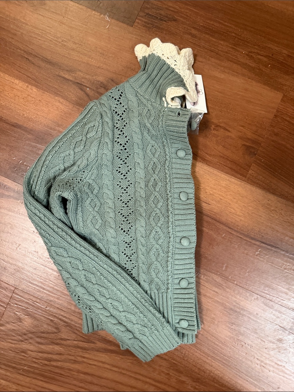 Jessica Simpson Sage Green Cable-Knit Button Cardigan with Cream Lace Trim - Picture 7 of 9